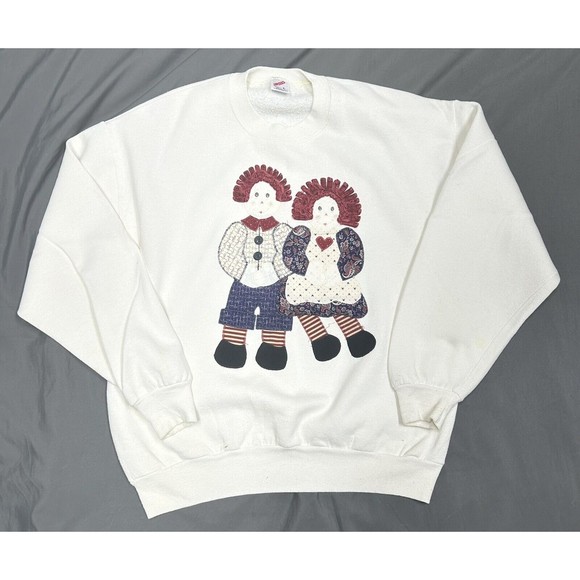 Vintage Raggedy Ann & Andy White Jerzees USA Made Crewneck Sweater Size Large - Picture 1 of 8